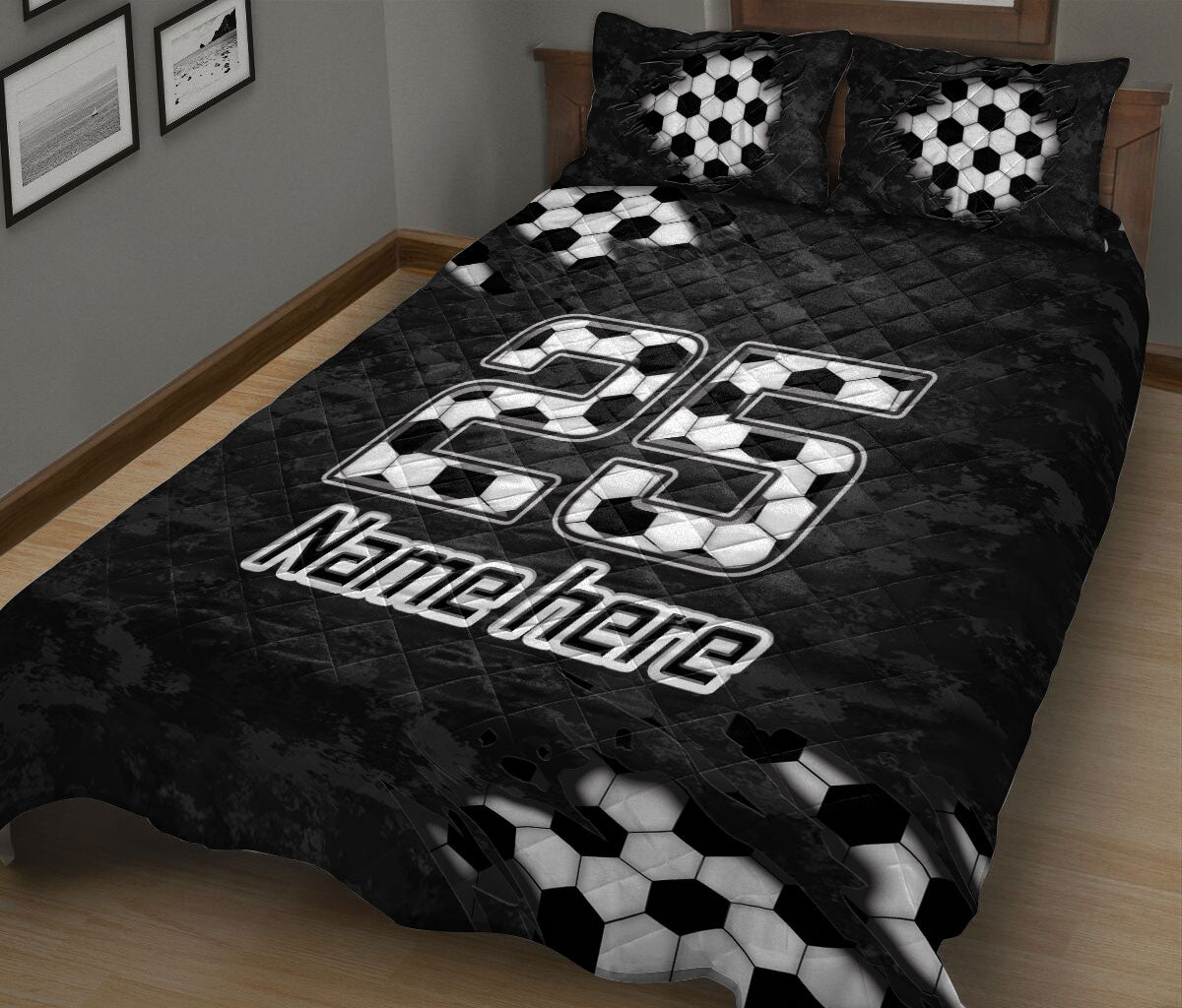 Ohaprints-Quilt-Bed-Set-Pillowcase-Soccer-Sport-B&W-Ball-Pattern-Black-Camo-Custom-Personalized-Name-Number-Blanket-Bedspread-Bedding-919-King (90'' x 100'')