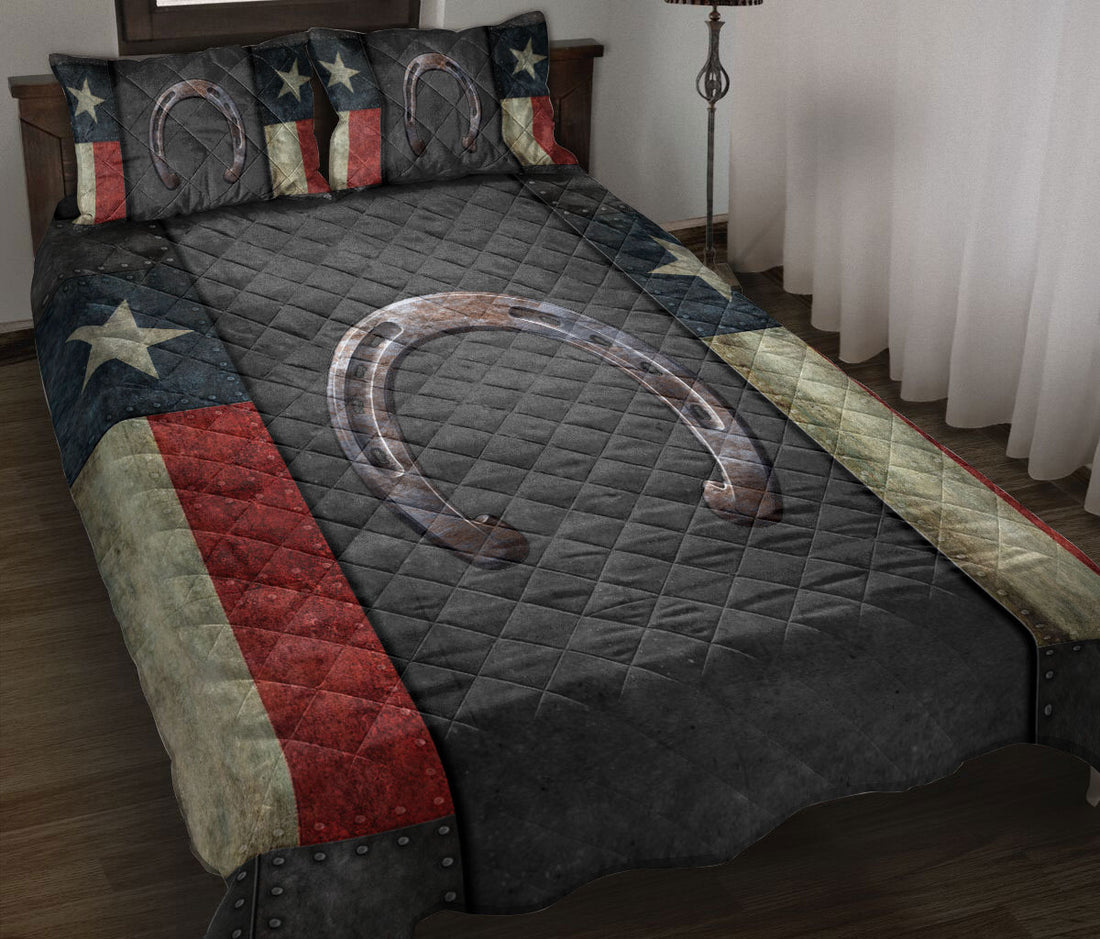 Ohaprints-Quilt-Bed-Set-Pillowcase-Western-Texas-Horseshoe-Wild-West-Cowboy-Cowgirl-Gift-Texas-Flag-Black-Blanket-Bedspread-Bedding-2086-Throw (55'' x 60'')