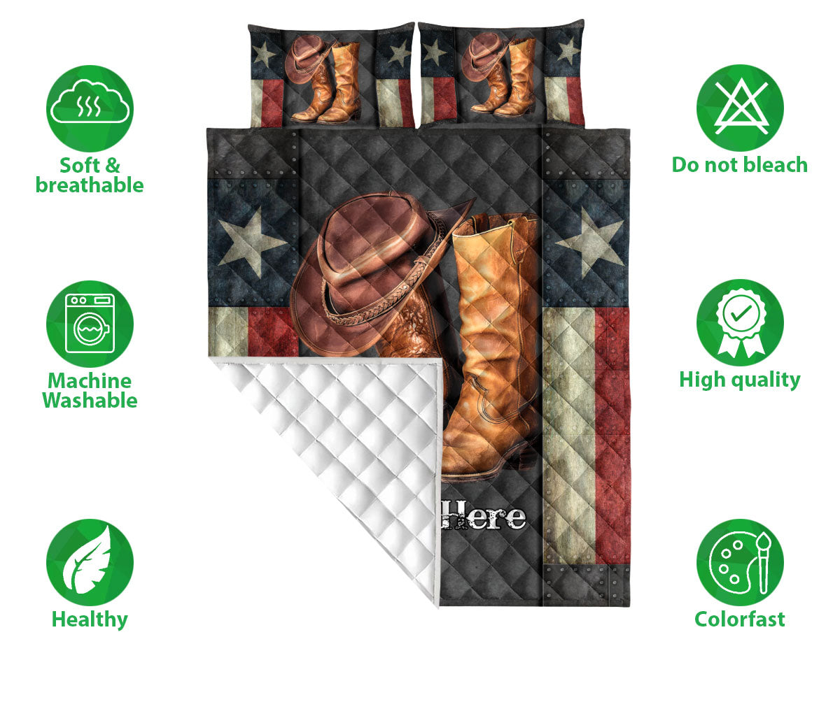 Ohaprints-Quilt-Bed-Set-Pillowcase-Western-Texas-Wild-West-Cowboy-Boots-&-Hat-Texas-Flag-Custom-Personalized-Name-Blanket-Bedspread-Bedding-2681-Double (70'' x 80'')