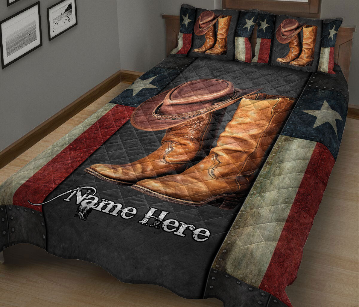 Ohaprints-Quilt-Bed-Set-Pillowcase-Western-Texas-Wild-West-Cowboy-Boots-&-Hat-Texas-Flag-Custom-Personalized-Name-Blanket-Bedspread-Bedding-2681-King (90'' x 100'')