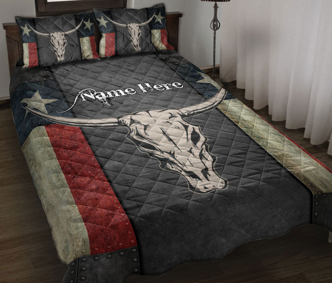 Ohaprints-Quilt-Bed-Set-Pillowcase-Western-Texas-Cow-Skull-Texas-Flag-Wild-West-Cowboy-Custom-Personalized-Name-Blanket-Bedspread-Bedding-500-Throw (55'' x 60'')