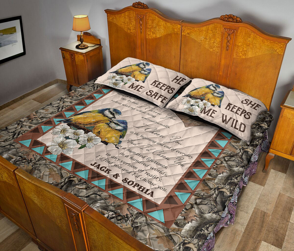 Ohaprints-Quilt-Bed-Set-Pillowcase-Eurasian-Blue-Tit-Couple-I-Choose-You-Anniversary-Custom-Personalized-Name-Blanket-Bedspread-Bedding-2087-Queen (80'' x 90'')