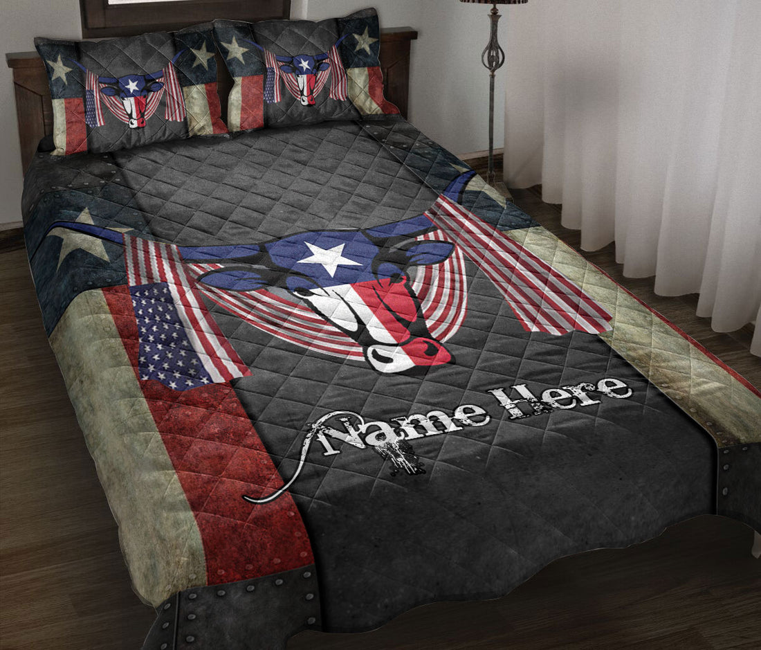 Ohaprints-Quilt-Bed-Set-Pillowcase-Western-Texas-Us-Flag-Longhorn-Texas-Map-Wild-West-Custom-Personalized-Name-Blanket-Bedspread-Bedding-1154-Throw (55'' x 60'')