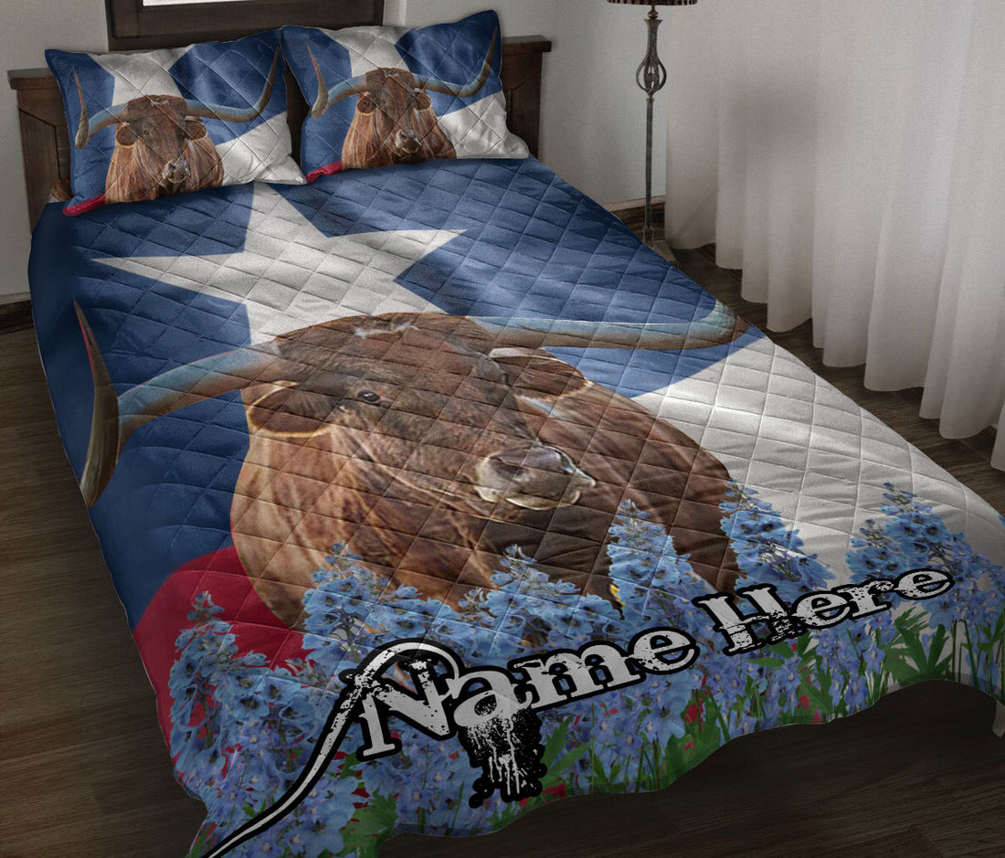 Ohaprints-Quilt-Bed-Set-Pillowcase-Western-Texas-Flag-Map-Longhorn-Bluebonnet-Wild-West-Custom-Personalized-Name-Blanket-Bedspread-Bedding-2327-Throw (55'' x 60'')