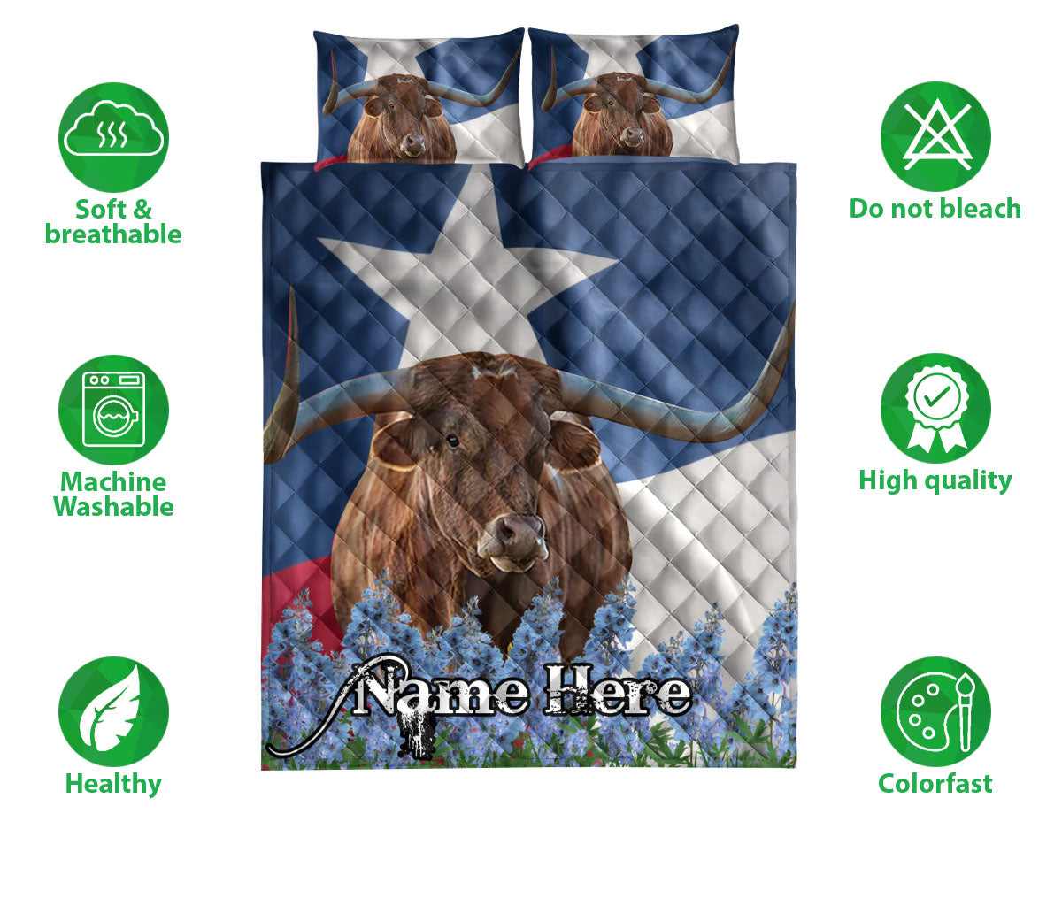 Ohaprints-Quilt-Bed-Set-Pillowcase-Western-Texas-Flag-Map-Longhorn-Bluebonnet-Wild-West-Custom-Personalized-Name-Blanket-Bedspread-Bedding-2327-Double (70'' x 80'')