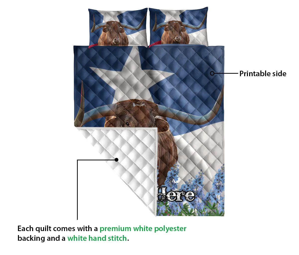 Ohaprints-Quilt-Bed-Set-Pillowcase-Western-Texas-Flag-Map-Longhorn-Bluebonnet-Wild-West-Custom-Personalized-Name-Blanket-Bedspread-Bedding-2327-Queen (80'' x 90'')