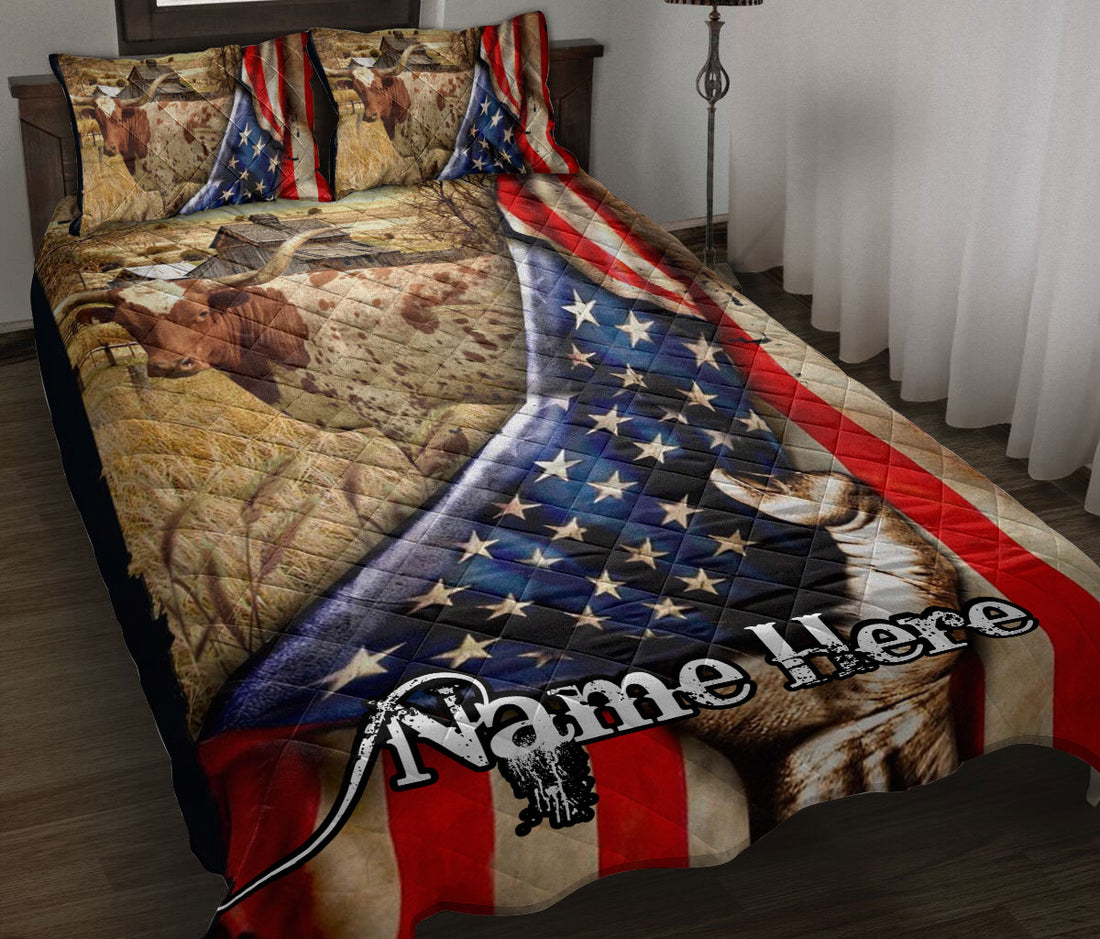 Ohaprints-Quilt-Bed-Set-Pillowcase-Western-Texas-Longhorn-Bluebonnet-Us-American-Flag-Custom-Personalized-Name-Blanket-Bedspread-Bedding-2920-Throw (55'' x 60'')