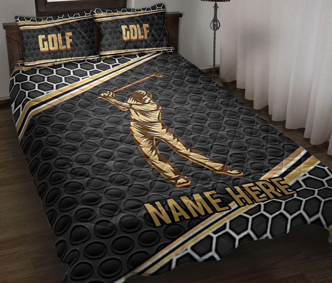 Ohaprints-Quilt-Bed-Set-Pillowcase-Golf-Sport-Unique-Gift-For-Golfer-Black-&-Golden-Custom-Personalized-Name-Blanket-Bedspread-Bedding-1155-Throw (55'' x 60'')