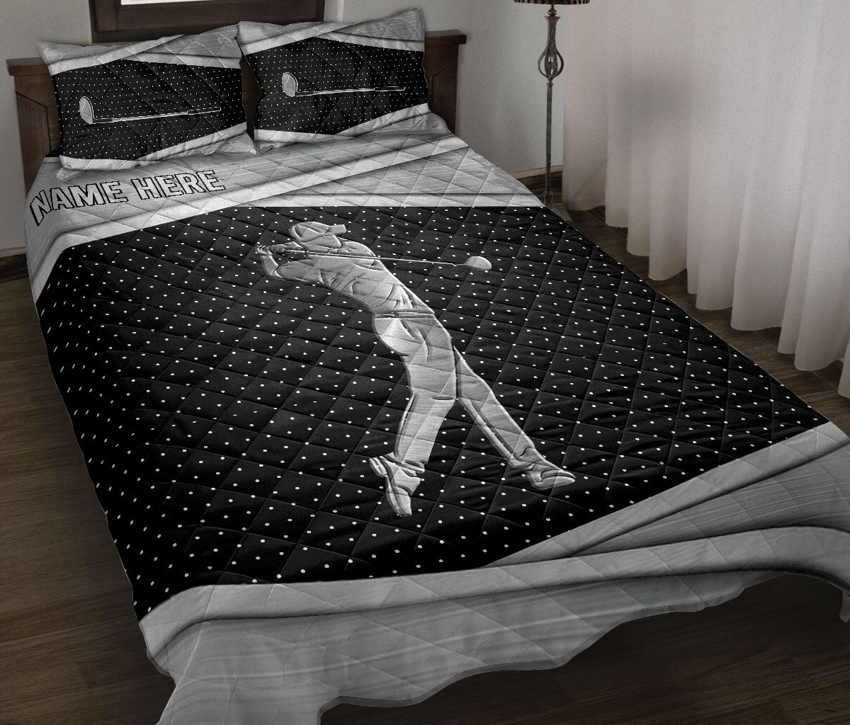 Ohaprints-Quilt-Bed-Set-Pillowcase-Golf-Sport-Unique-Gift-For-Golfer-Black-&-Grey-Custom-Personalized-Name-Blanket-Bedspread-Bedding-1739-Throw (55'' x 60'')