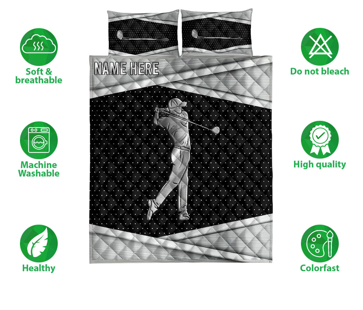 Ohaprints-Quilt-Bed-Set-Pillowcase-Golf-Sport-Unique-Gift-For-Golfer-Black-&-Grey-Custom-Personalized-Name-Blanket-Bedspread-Bedding-1739-Double (70'' x 80'')