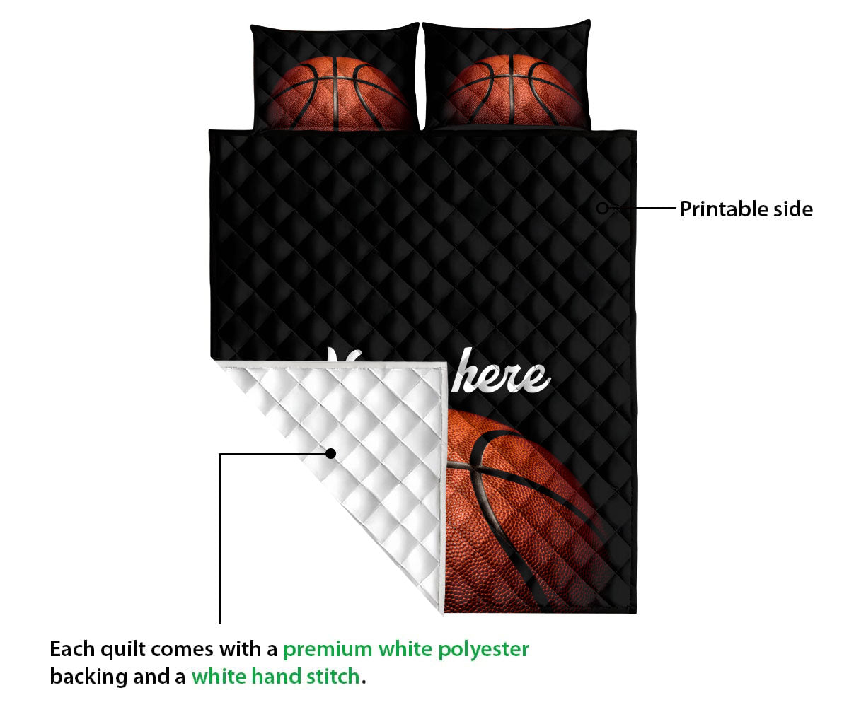 Ohaprints-Quilt-Bed-Set-Pillowcase-Basketball-Ball-Black-Background-Sport-Lover-Gift-Custom-Personalized-Name-Blanket-Bedspread-Bedding-2330-Queen (80'' x 90'')