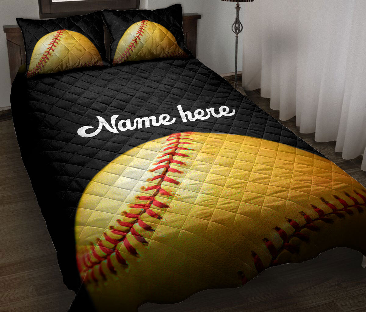 Ohaprints-Quilt-Bed-Set-Pillowcase-Softball-Ball-Black-Background-Sports-Lover-Gift-Custom-Personalized-Name-Blanket-Bedspread-Bedding-1742-Throw (55'' x 60'')