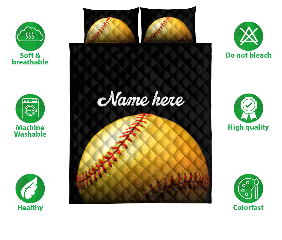 Ohaprints-Quilt-Bed-Set-Pillowcase-Softball-Ball-Black-Background-Sports-Lover-Gift-Custom-Personalized-Name-Blanket-Bedspread-Bedding-1742-Double (70'' x 80'')