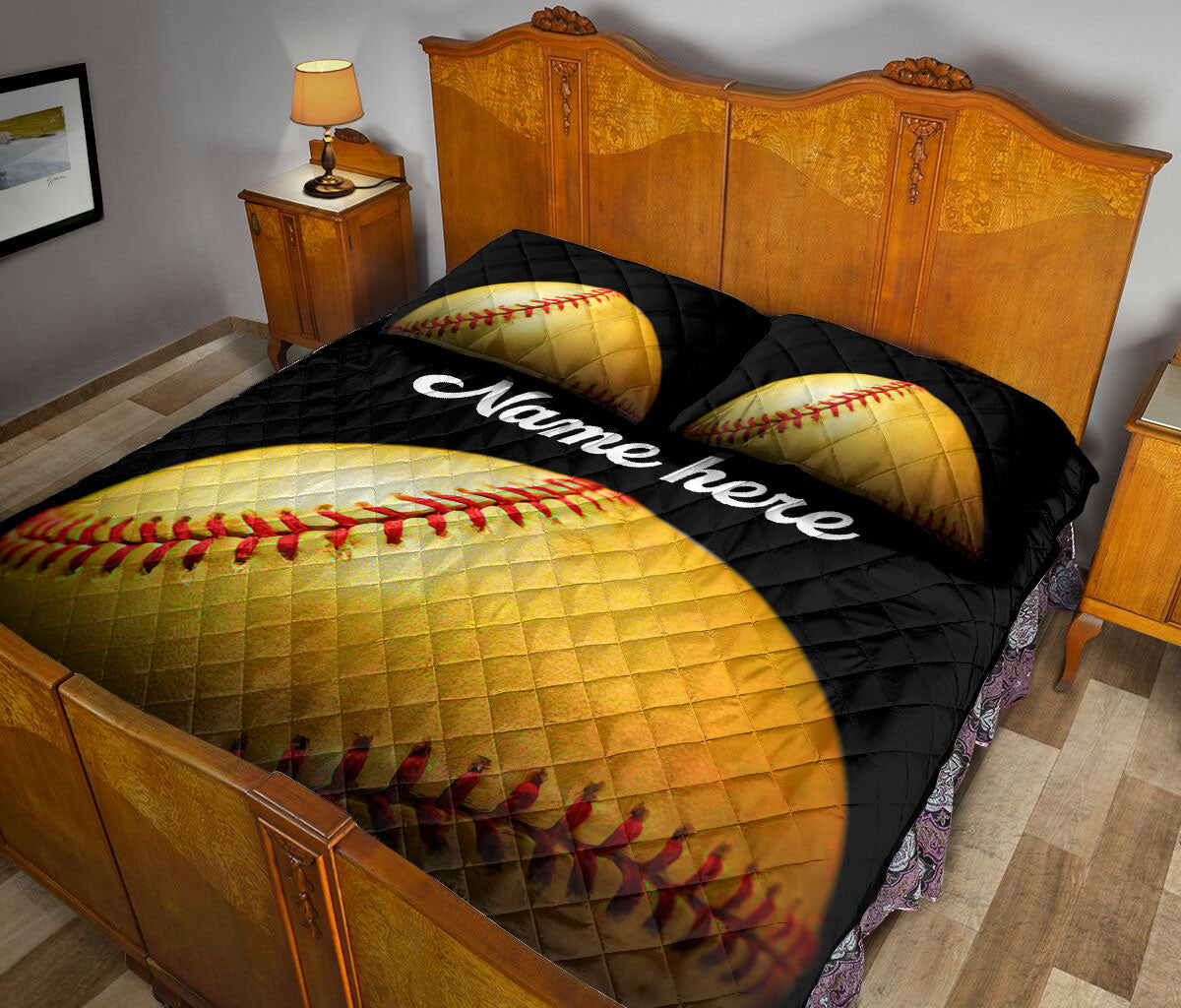 Ohaprints-Quilt-Bed-Set-Pillowcase-Softball-Ball-Black-Background-Sports-Lover-Gift-Custom-Personalized-Name-Blanket-Bedspread-Bedding-1742-King (90'' x 100'')