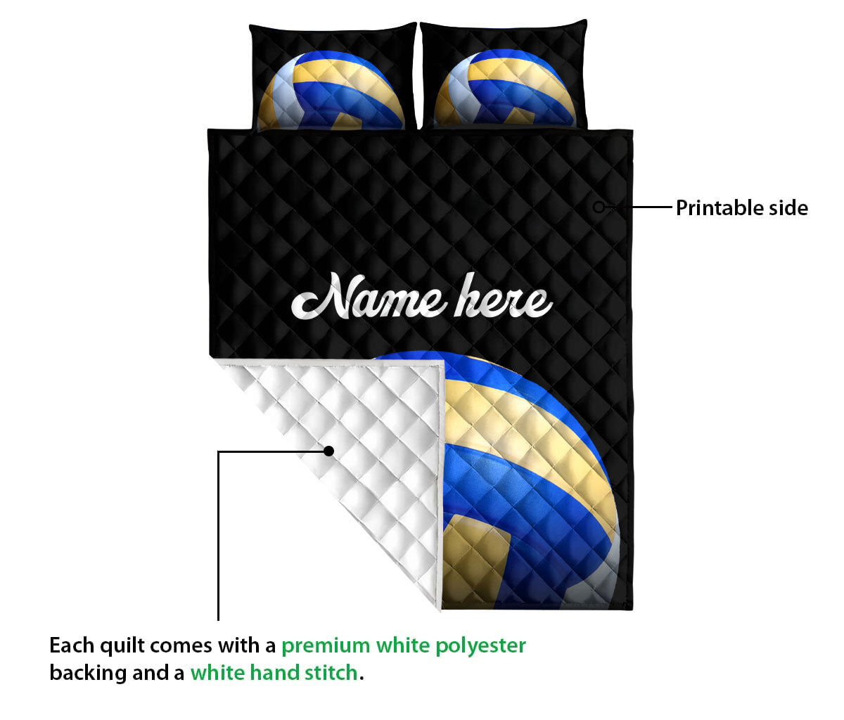 Ohaprints-Quilt-Bed-Set-Pillowcase-Volleyball-Ball-Black-Background-Sports-Lover-Gift-Custom-Personalized-Name-Blanket-Bedspread-Bedding-2331-Queen (80'' x 90'')