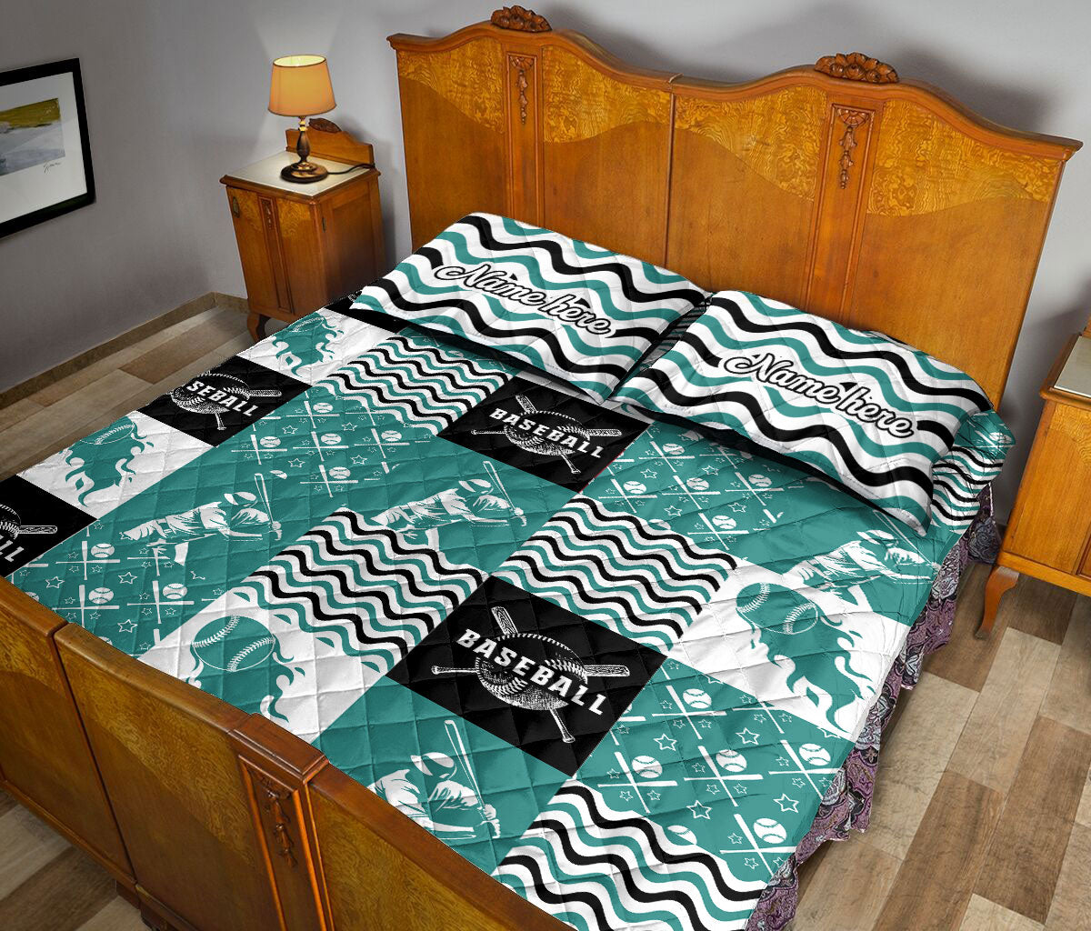Ohaprints-Quilt-Bed-Set-Pillowcase-Baseball-Sport-Patchwork-Patterns-Blue-Black-White-Custom-Personalized-Name-Blanket-Bedspread-Bedding-1743-King (90'' x 100'')