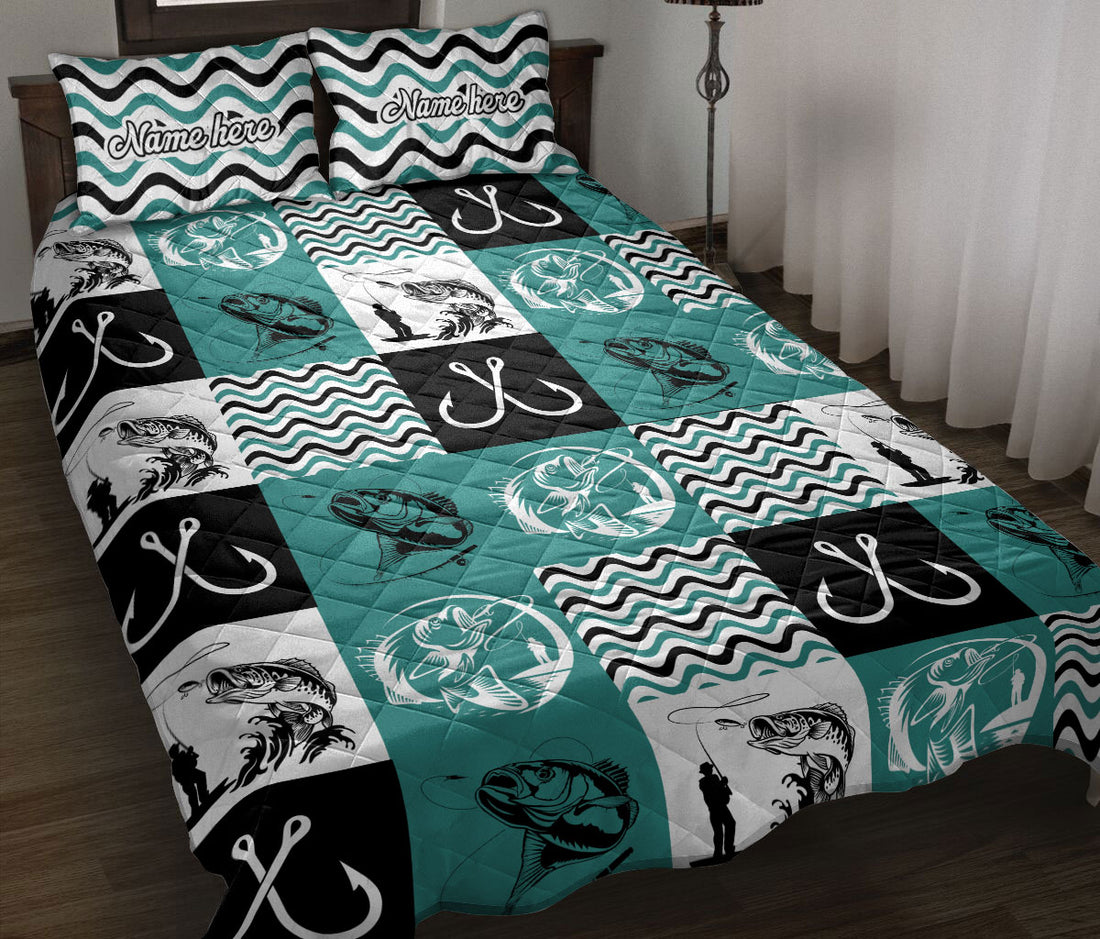 Ohaprints-Quilt-Bed-Set-Pillowcase-Fishing-Sport-Patchwork-Patterns-Blue-Black-White-Custom-Personalized-Name-Blanket-Bedspread-Bedding-1160-Throw (55'' x 60'')