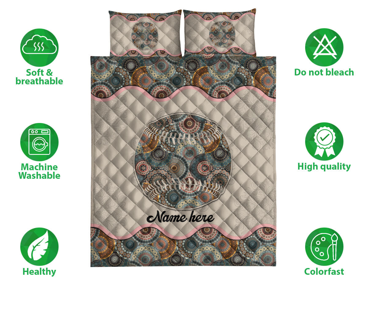 Ohaprints-Quilt-Bed-Set-Pillowcase-Softball-Baseball-Sports-Floral-Mandala-Pattern-Custom-Personalized-Name-Blanket-Bedspread-Bedding-2333-Double (70'' x 80'')