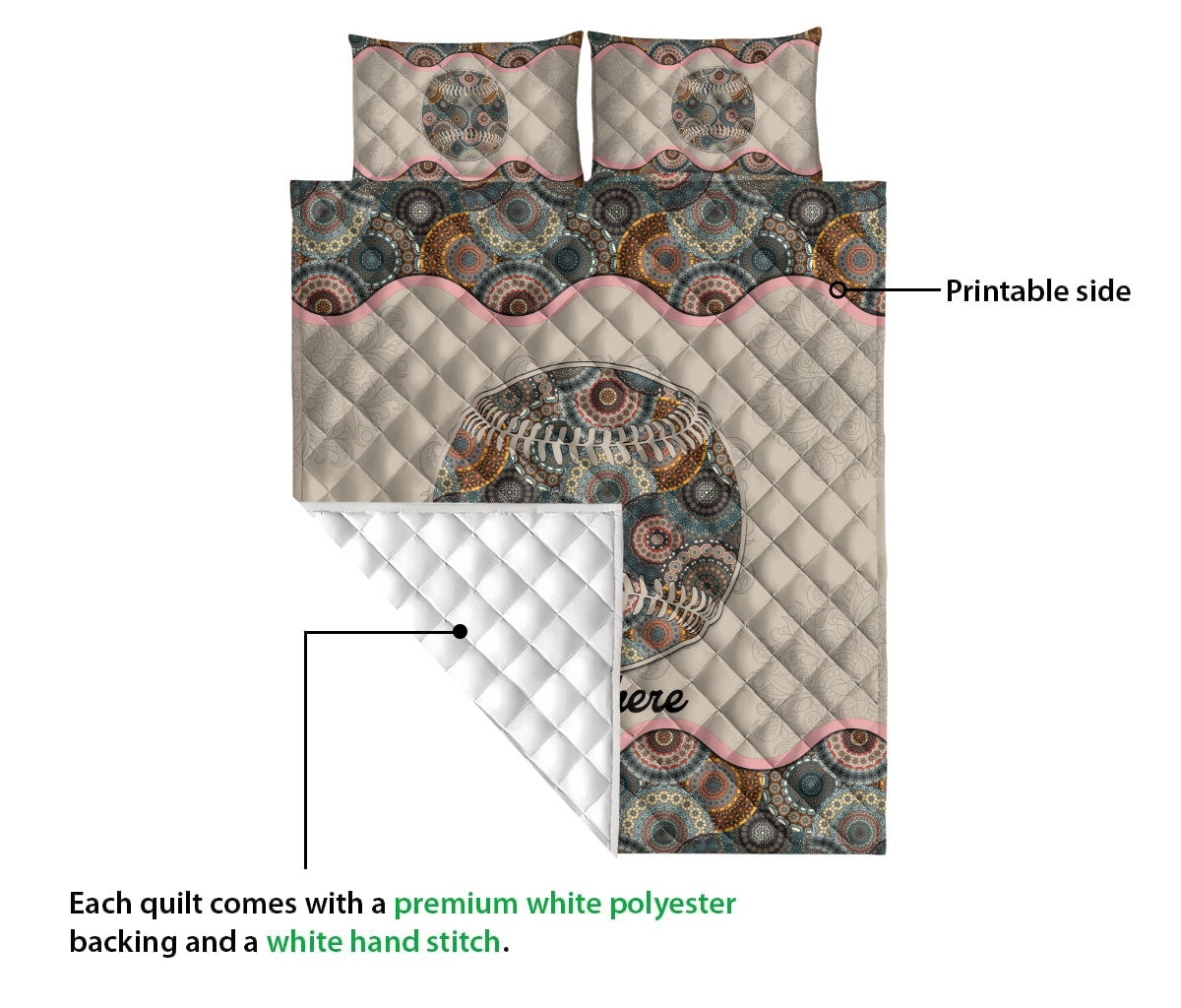 Ohaprints-Quilt-Bed-Set-Pillowcase-Softball-Baseball-Sports-Floral-Mandala-Pattern-Custom-Personalized-Name-Blanket-Bedspread-Bedding-2333-Queen (80'' x 90'')