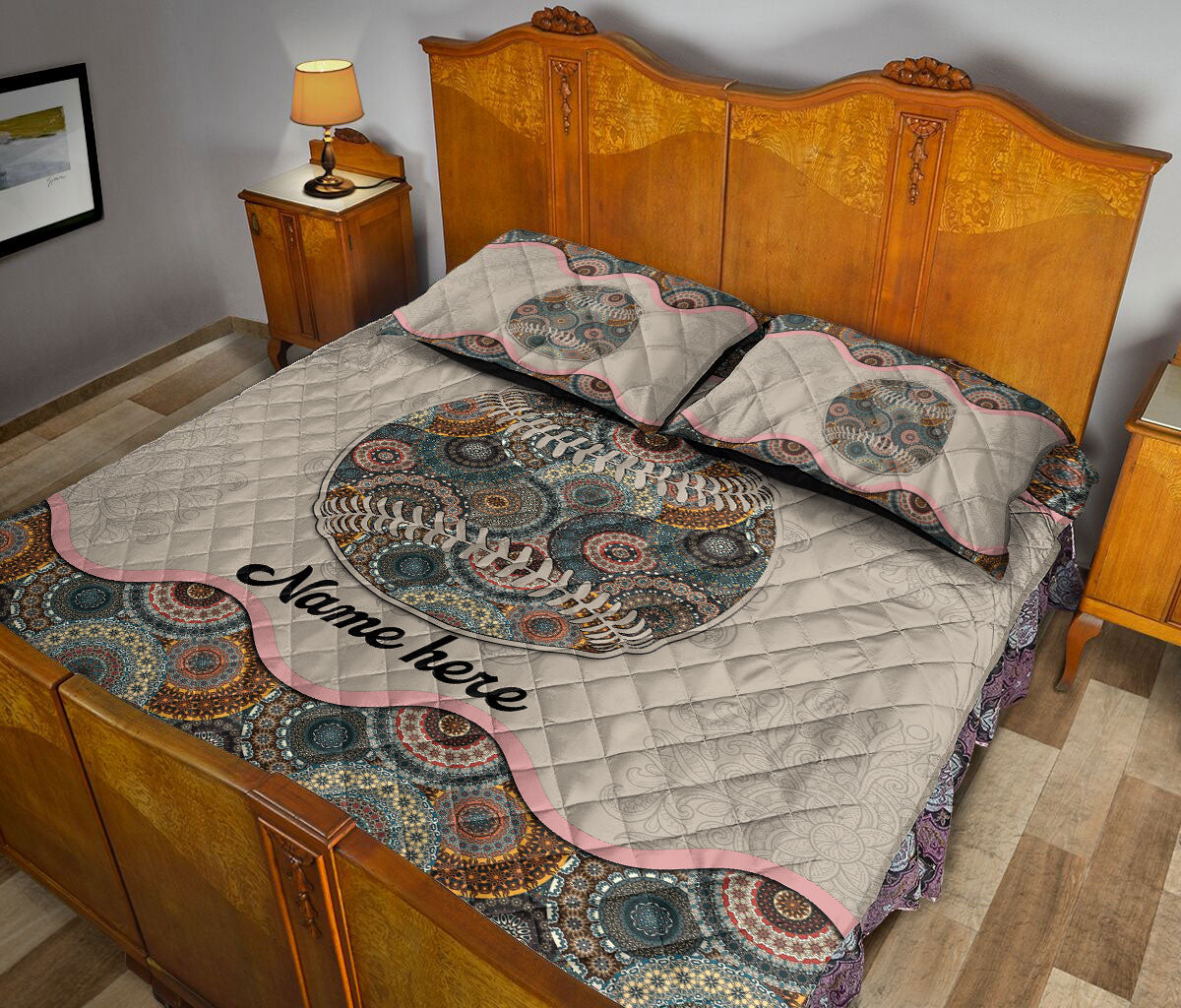 Ohaprints-Quilt-Bed-Set-Pillowcase-Softball-Baseball-Sports-Floral-Mandala-Pattern-Custom-Personalized-Name-Blanket-Bedspread-Bedding-2333-King (90'' x 100'')