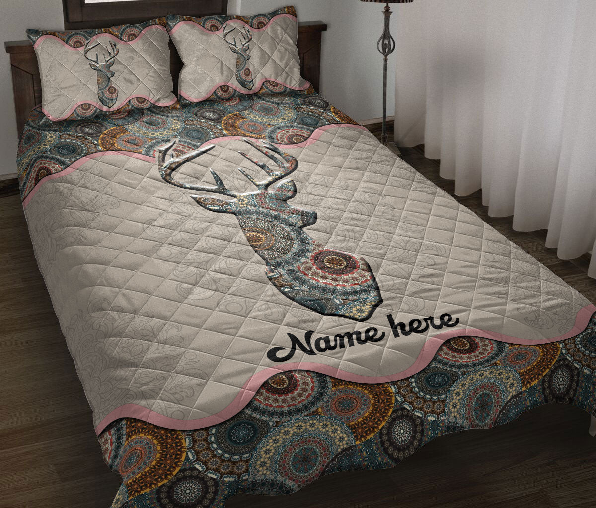 Ohaprints-Quilt-Bed-Set-Pillowcase-Deer-Floral-Mandala-Pattern-Unique-Gift-Custom-Personalized-Name-Blanket-Bedspread-Bedding-1745-Throw (55'' x 60'')