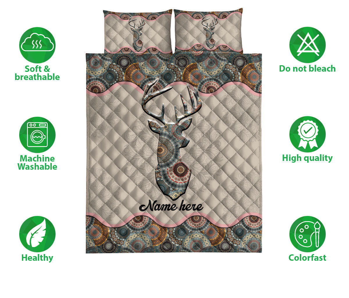 Ohaprints-Quilt-Bed-Set-Pillowcase-Deer-Floral-Mandala-Pattern-Unique-Gift-Custom-Personalized-Name-Blanket-Bedspread-Bedding-1745-Double (70'' x 80'')