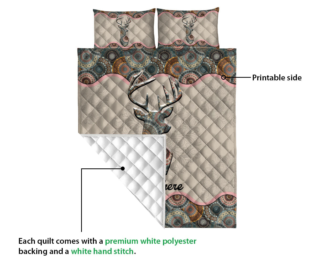 Ohaprints-Quilt-Bed-Set-Pillowcase-Deer-Floral-Mandala-Pattern-Unique-Gift-Custom-Personalized-Name-Blanket-Bedspread-Bedding-1745-Queen (80'' x 90'')