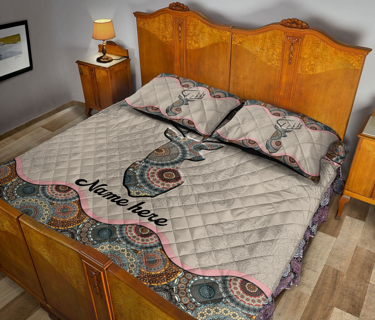 Ohaprints-Quilt-Bed-Set-Pillowcase-Deer-Floral-Mandala-Pattern-Unique-Gift-Custom-Personalized-Name-Blanket-Bedspread-Bedding-1745-King (90'' x 100'')