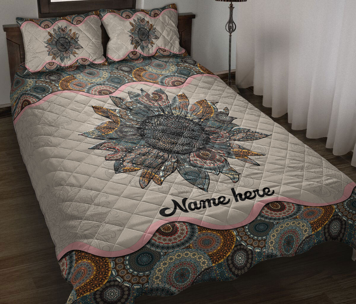 Ohaprints-Quilt-Bed-Set-Pillowcase-Sunflower-Flower-Floral-Mandala-Pattern-Unique-Gift-Custom-Personalized-Name-Blanket-Bedspread-Bedding-2334-Throw (55'' x 60'')