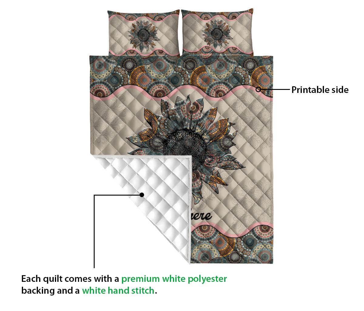 Ohaprints-Quilt-Bed-Set-Pillowcase-Sunflower-Flower-Floral-Mandala-Pattern-Unique-Gift-Custom-Personalized-Name-Blanket-Bedspread-Bedding-2334-Queen (80'' x 90'')