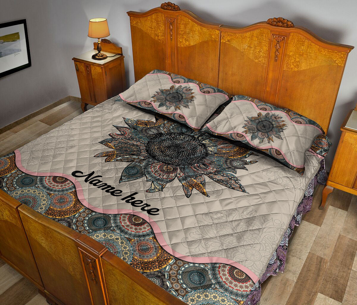 Ohaprints-Quilt-Bed-Set-Pillowcase-Sunflower-Flower-Floral-Mandala-Pattern-Unique-Gift-Custom-Personalized-Name-Blanket-Bedspread-Bedding-2334-King (90'' x 100'')