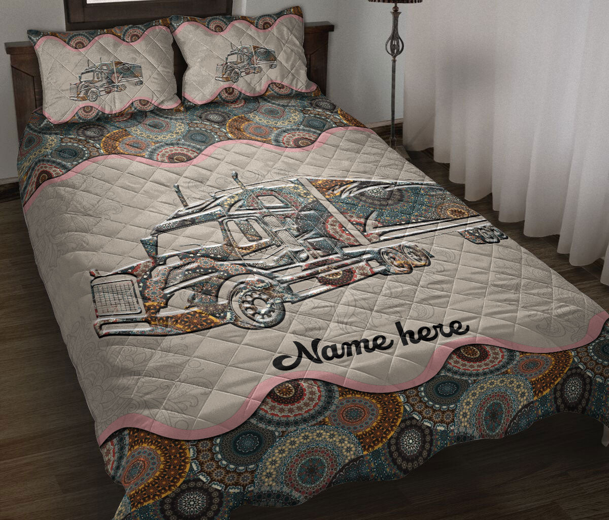 Ohaprints-Quilt-Bed-Set-Pillowcase-Truck-Floral-Mandala-Pattern-Unique-Gift-For-Trucker-Custom-Personalized-Name-Blanket-Bedspread-Bedding-1162-Throw (55'' x 60'')