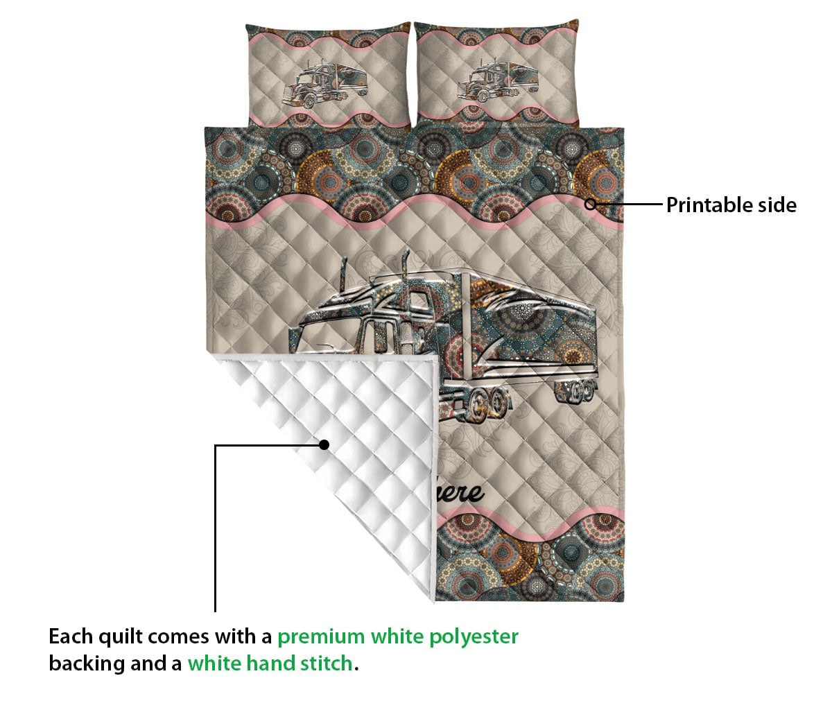 Ohaprints-Quilt-Bed-Set-Pillowcase-Truck-Floral-Mandala-Pattern-Unique-Gift-For-Trucker-Custom-Personalized-Name-Blanket-Bedspread-Bedding-1162-Queen (80'' x 90'')