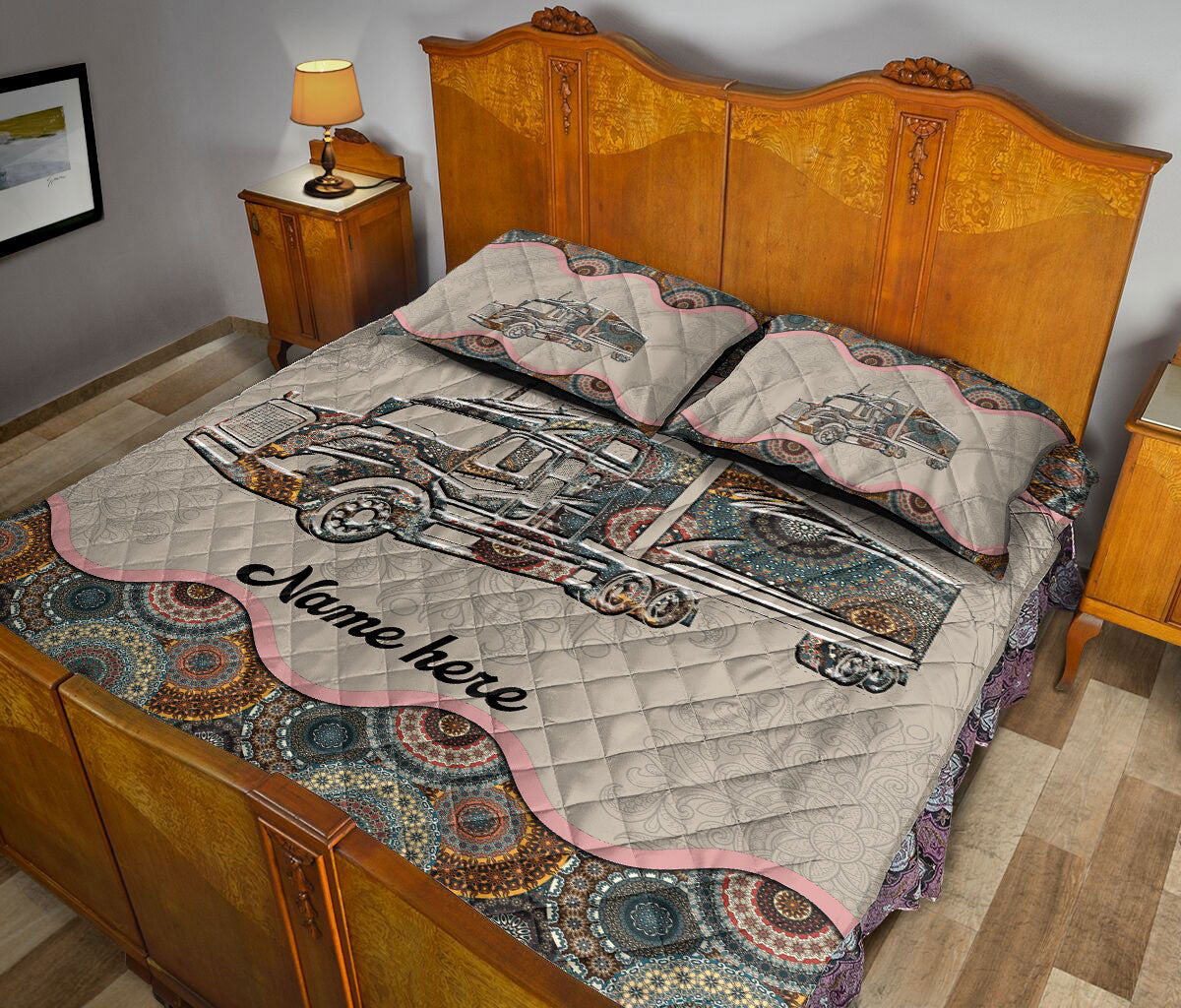 Ohaprints-Quilt-Bed-Set-Pillowcase-Truck-Floral-Mandala-Pattern-Unique-Gift-For-Trucker-Custom-Personalized-Name-Blanket-Bedspread-Bedding-1162-King (90'' x 100'')