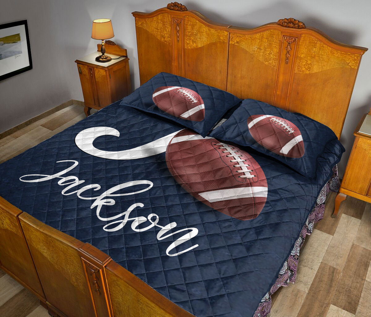 Ohaprints-Quilt-Bed-Set-Pillowcase-Football-Ball-Navy-Background-Sports-Lover-Gift-Custom-Personalized-Name-Blanket-Bedspread-Bedding-2335-King (90'' x 100'')