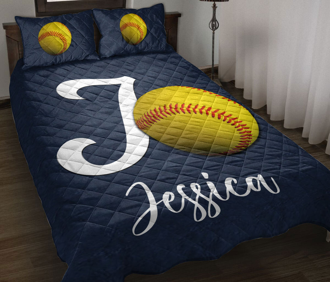 Ohaprints-Quilt-Bed-Set-Pillowcase-Softball-Ball-Navy-Background-Sports-Lover-Gift-Custom-Personalized-Name-Blanket-Bedspread-Bedding-575-Throw (55'' x 60'')