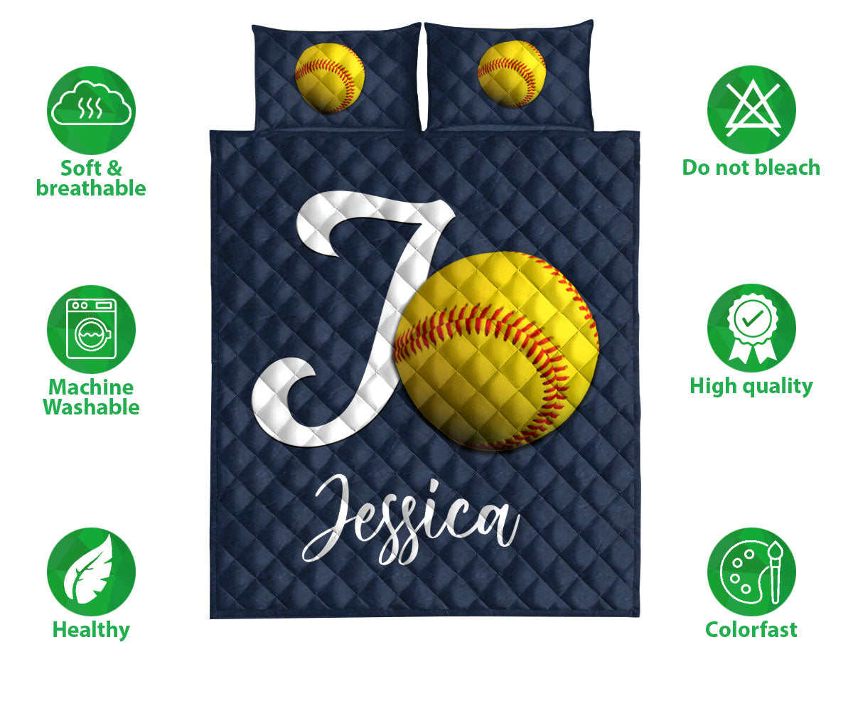 Ohaprints-Quilt-Bed-Set-Pillowcase-Softball-Ball-Navy-Background-Sports-Lover-Gift-Custom-Personalized-Name-Blanket-Bedspread-Bedding-575-Double (70'' x 80'')