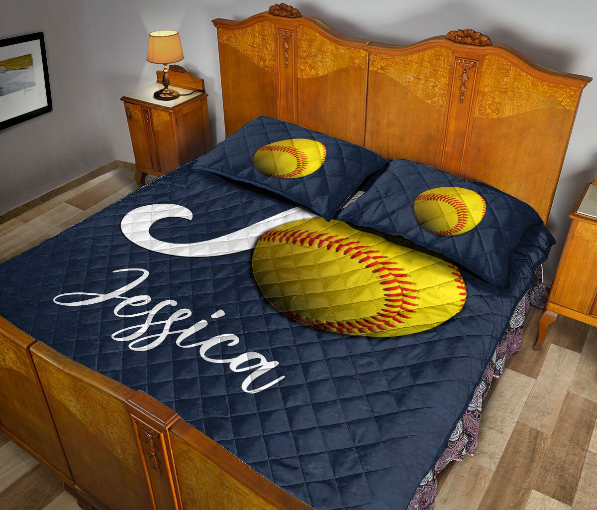 Ohaprints-Quilt-Bed-Set-Pillowcase-Softball-Ball-Navy-Background-Sports-Lover-Gift-Custom-Personalized-Name-Blanket-Bedspread-Bedding-575-King (90'' x 100'')