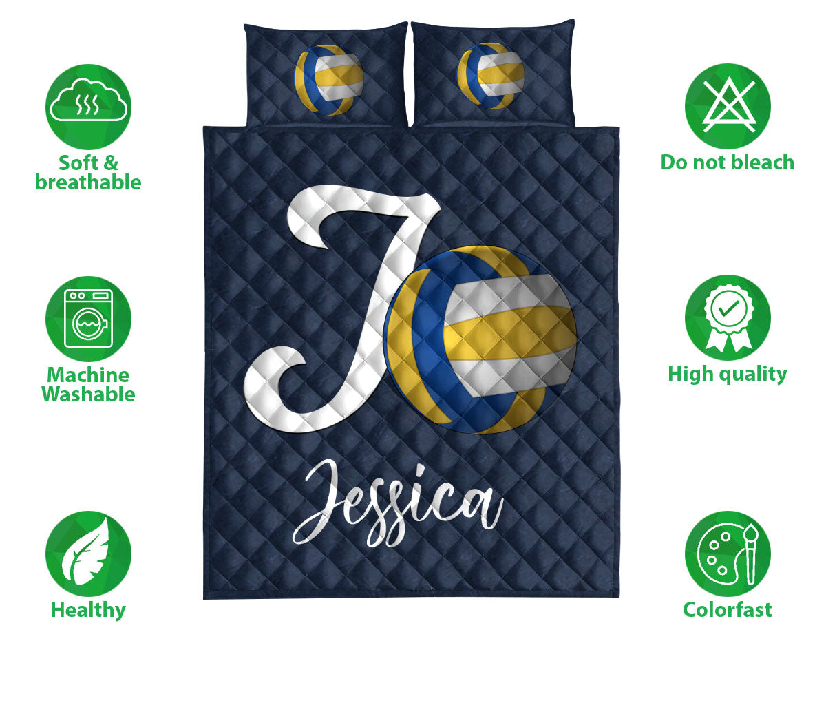 Ohaprints-Quilt-Bed-Set-Pillowcase-Volleyball-Ball-Navy-Background-Sports-Lover-Gift-Custom-Personalized-Name-Blanket-Bedspread-Bedding-1163-Double (70'' x 80'')