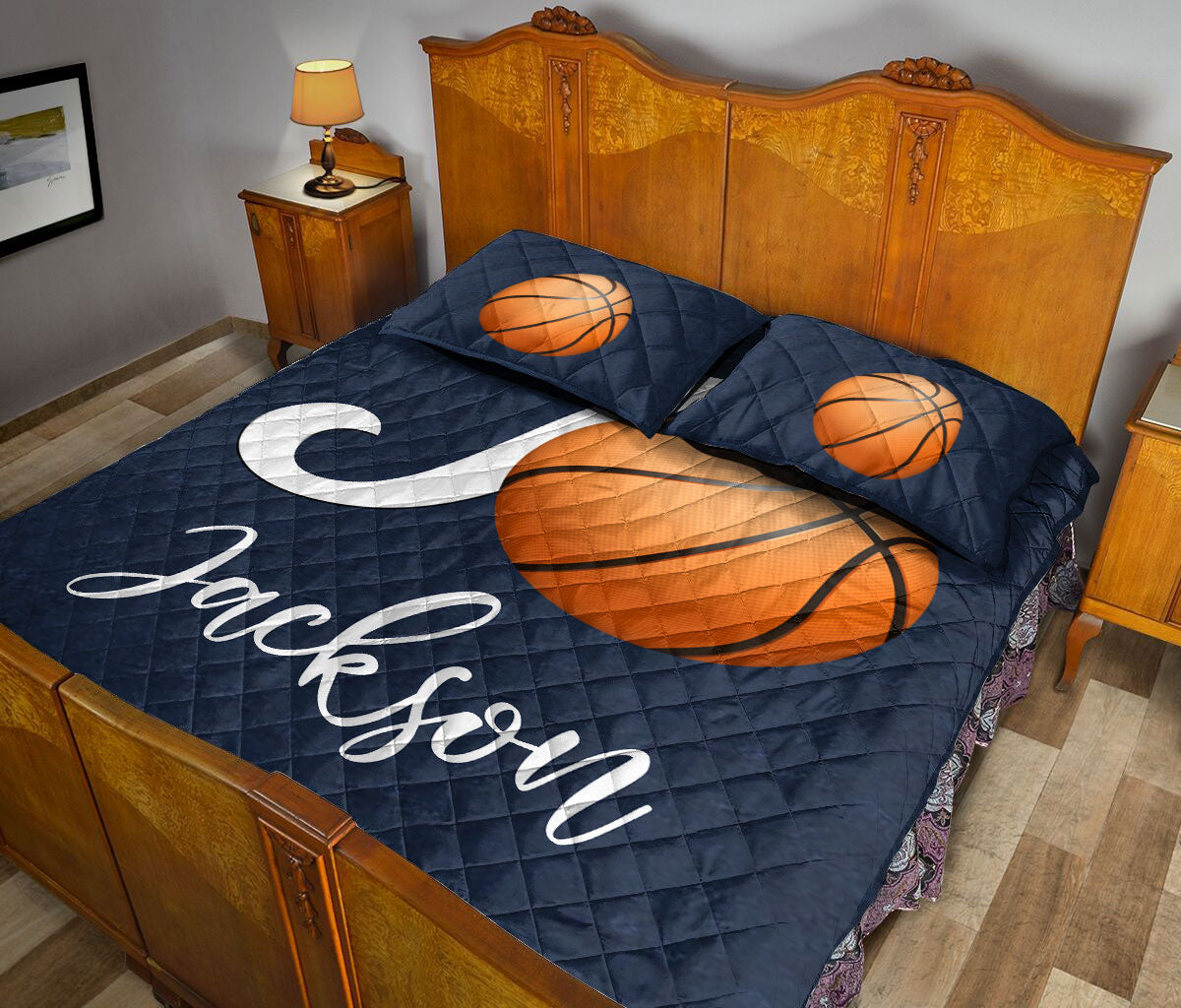 Ohaprints-Quilt-Bed-Set-Pillowcase-Basketball-Ball-Navy-Background-Sports-Lover-Gift-Custom-Personalized-Name-Blanket-Bedspread-Bedding-2336-King (90'' x 100'')