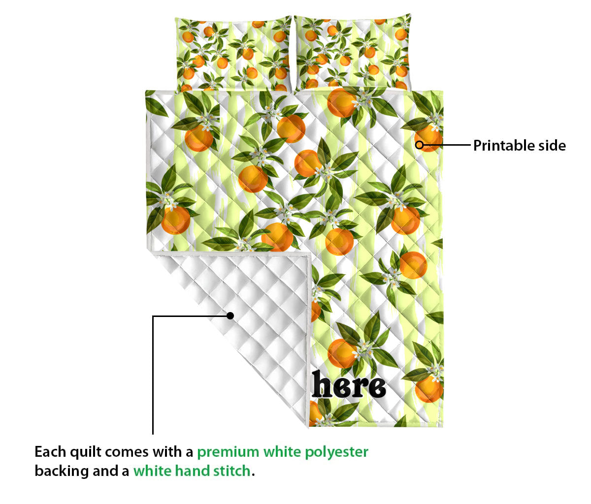 Ohaprints-Quilt-Bed-Set-Pillowcase-Oranges-Seamless-Pattern-Sprig-Tangerines-Leaves-Custom-Personalized-Name-Blanket-Bedspread-Bedding-2338-Queen (80'' x 90'')