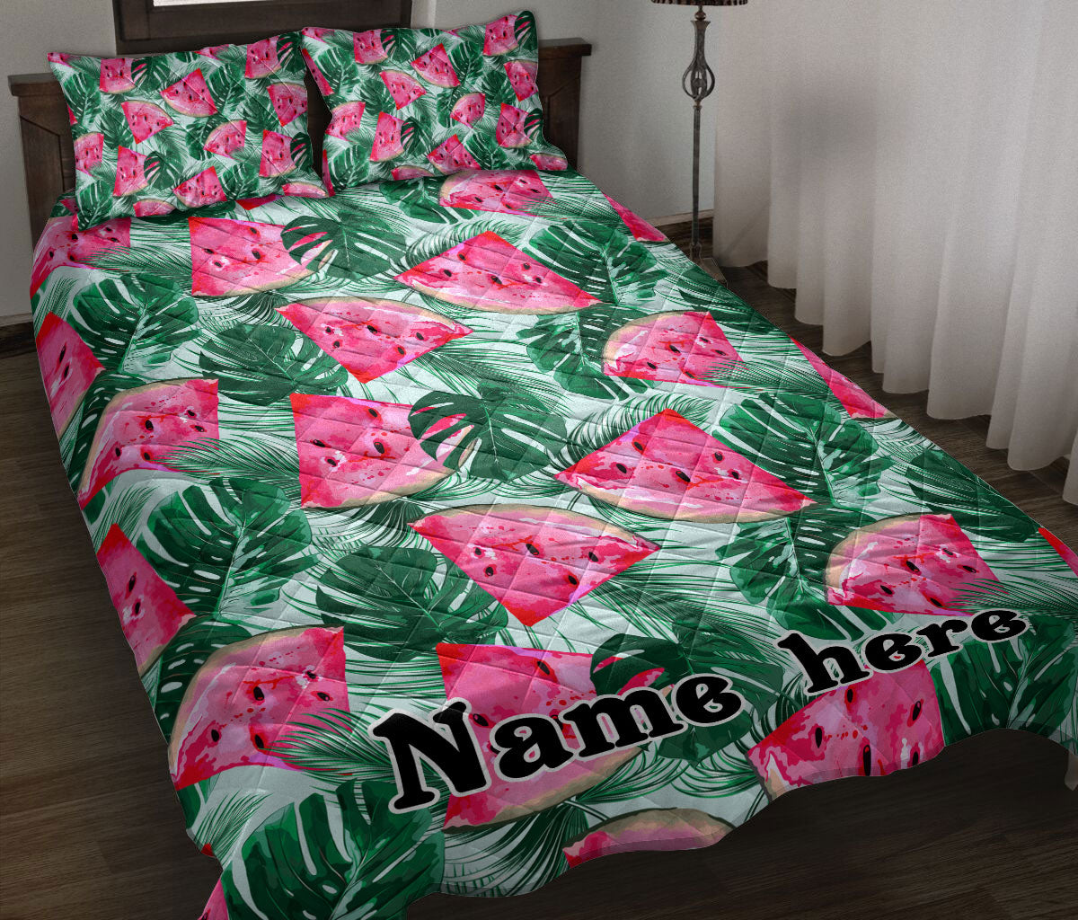 Ohaprints-Quilt-Bed-Set-Pillowcase-Watermelons-Fruit-Tropical-Palm-Leaves-Seamless-Custom-Personalized-Name-Blanket-Bedspread-Bedding-1166-Throw (55'' x 60'')