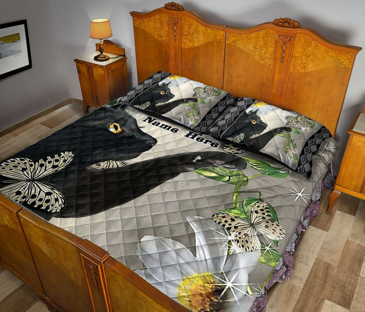 Ohaprints-Quilt-Bed-Set-Pillowcase-Black-Cat-&-Daisy-Butterfly-Life-Is-Better-With-Cats-Custom-Personalized-Name-Blanket-Bedspread-Bedding-89-Queen (80'' x 90'')
