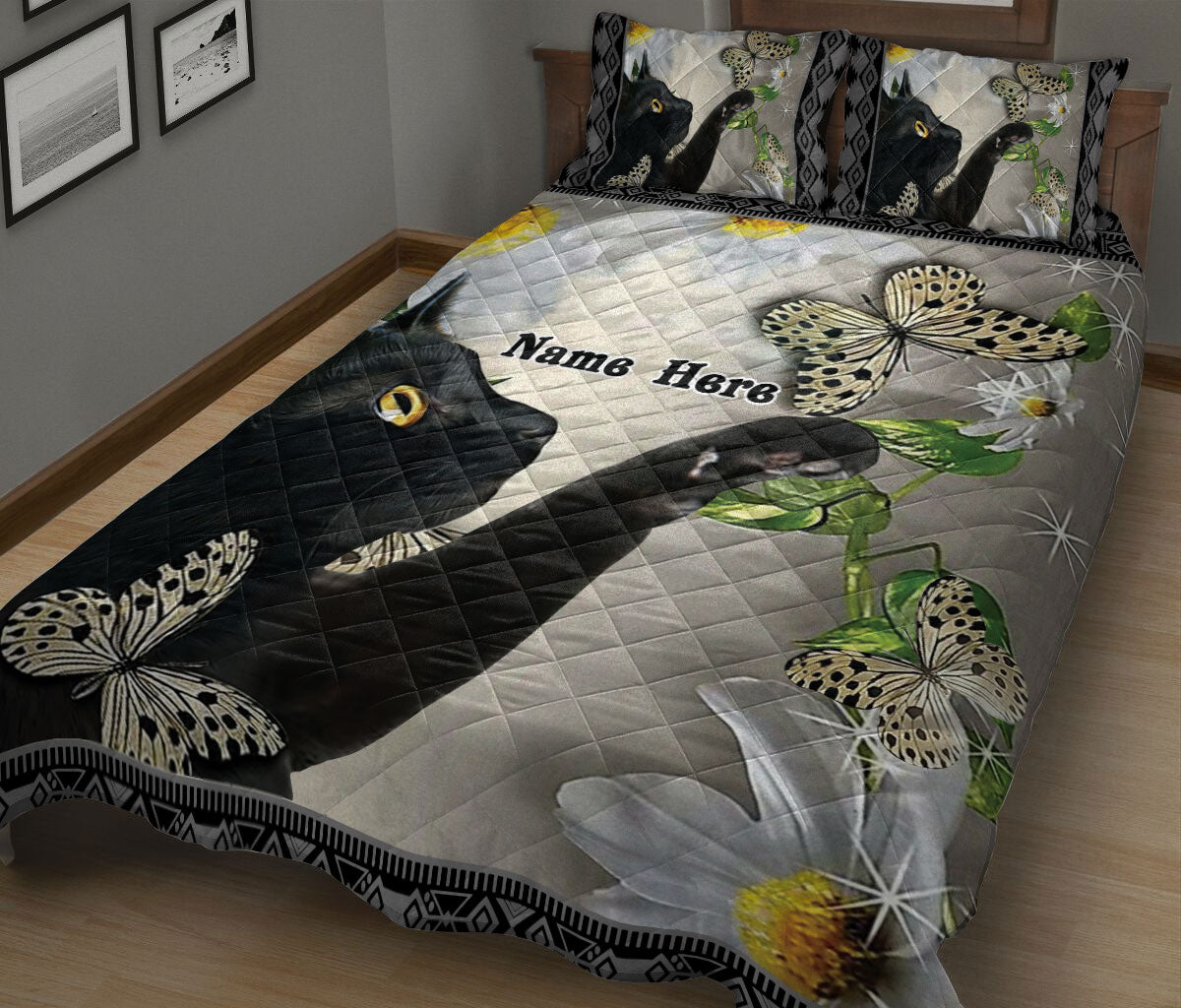 Ohaprints-Quilt-Bed-Set-Pillowcase-Black-Cat-&-Daisy-Butterfly-Life-Is-Better-With-Cats-Custom-Personalized-Name-Blanket-Bedspread-Bedding-89-King (90'' x 100'')