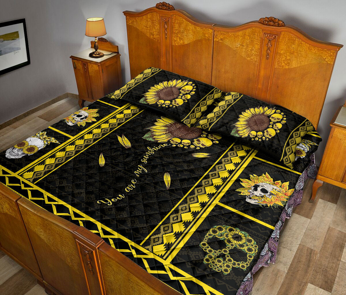 Ohaprints-Quilt-Bed-Set-Pillowcase-Skull-Sunflower-You-Are-My-Sunshine-Skull-Lover-Gift-Custom-Personalized-Name-Blanket-Bedspread-Bedding-34-Queen (80'' x 90'')