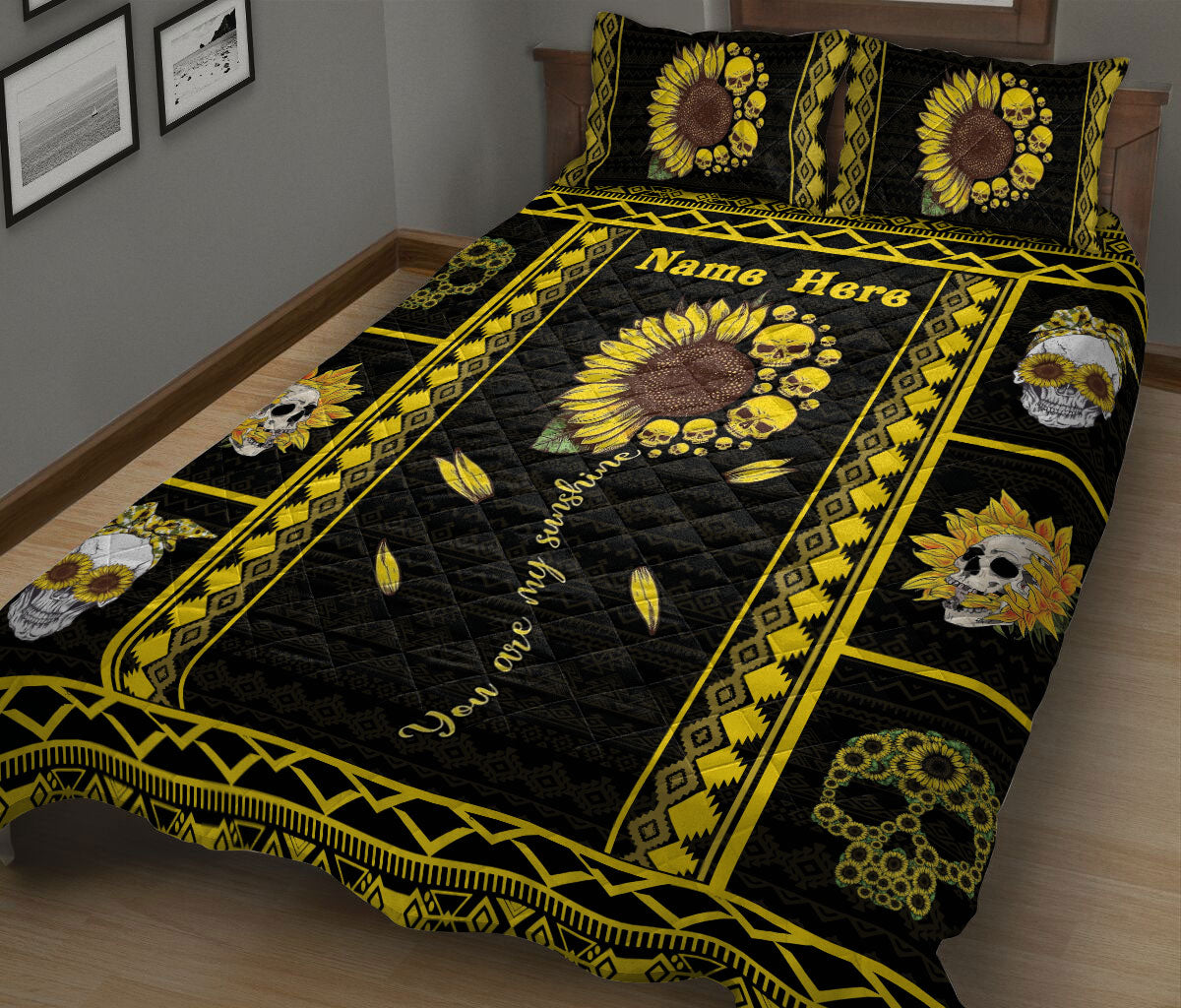 Ohaprints-Quilt-Bed-Set-Pillowcase-Skull-Sunflower-You-Are-My-Sunshine-Skull-Lover-Gift-Custom-Personalized-Name-Blanket-Bedspread-Bedding-34-King (90'' x 100'')