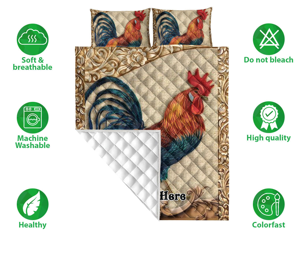 Ohaprints-Quilt-Bed-Set-Pillowcase-Chicken-Rooster-Floral-Pattern-Farm-Animal-Lover-Gift-Custom-Personalized-Name-Blanket-Bedspread-Bedding-35-Double (70'' x 80'')