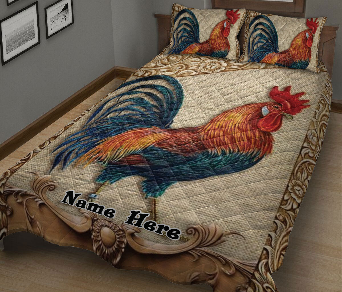 Ohaprints-Quilt-Bed-Set-Pillowcase-Chicken-Rooster-Floral-Pattern-Farm-Animal-Lover-Gift-Custom-Personalized-Name-Blanket-Bedspread-Bedding-35-King (90'' x 100'')