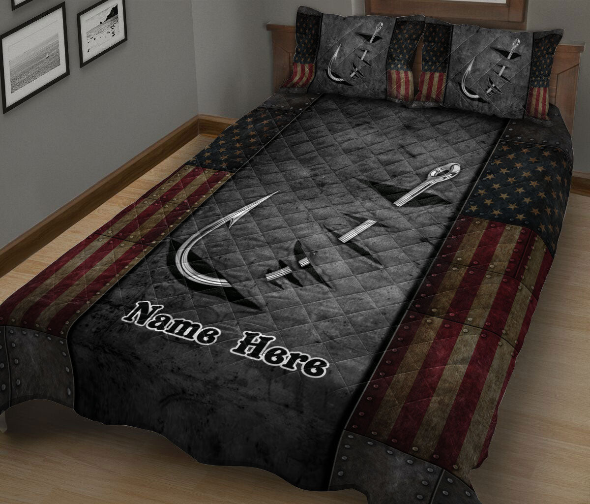 Ohaprints-Quilt-Bed-Set-Pillowcase-Fishing-Hook-American-Flag-Fisherman-Unique-Gift-Custom-Personalized-Name-Blanket-Bedspread-Bedding-2996-King (90'' x 100'')