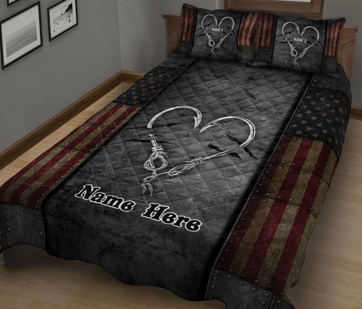 Ohaprints-Quilt-Bed-Set-Pillowcase-Fishing-Hook-Heart-American-Fisherman-Unique-Gift-Custom-Personalized-Name-Blanket-Bedspread-Bedding-2986-King (90'' x 100'')